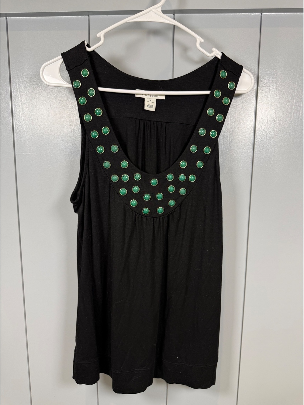 White House Black Market Black Statement Tank Top with Green Stud Detail Size M